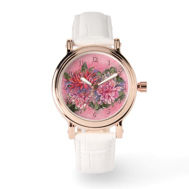 Dahlias flowers pink watercolor watch (Front)