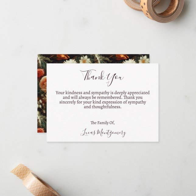 Dahlias Funeral Flower Thank You, Sympathy   Note Card (Front/Back In Situ)