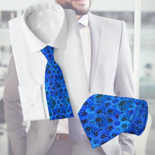 Dahlias in royal blue - floral design, neck tie