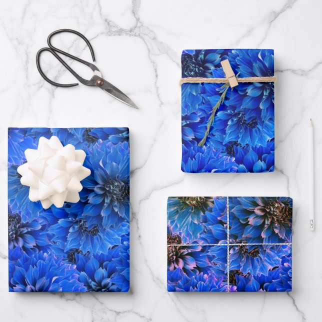 Dahlias in royal blue - floral design wrapping paper sheets (Front)
