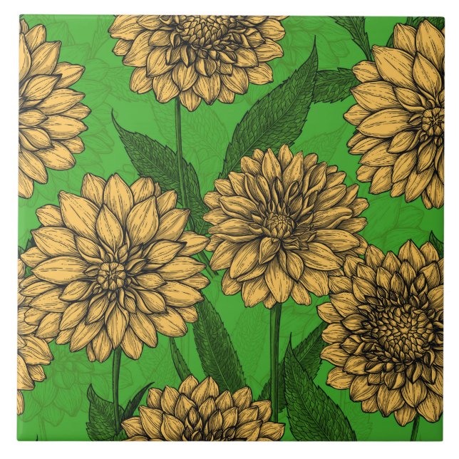 Dahlias in yellow and green ceramic tile (Front)
