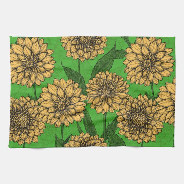 Dahlias in yellow and green kitchen towel (Horizontal)