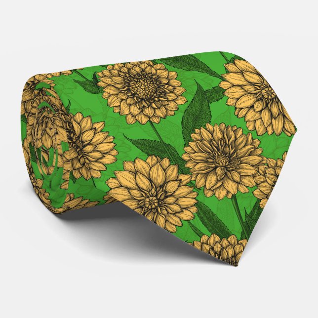 Dahlias in yellow and green neck tie (Rolled)