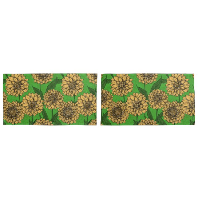 Dahlias in yellow and green pillow case (Front-Set)