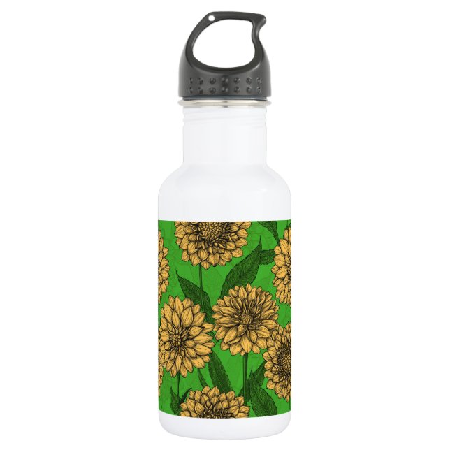Dahlias in yellow and green stainless steel water bottle (Front)