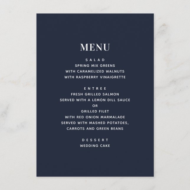 Dahlias. Navy floral wedding. Blue garden flowers Menu (Front)