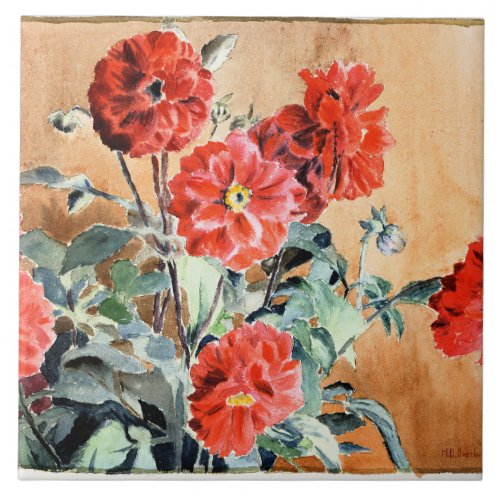 Dahlias watercolor painting by Hannah Overbeck Ceramic Tile