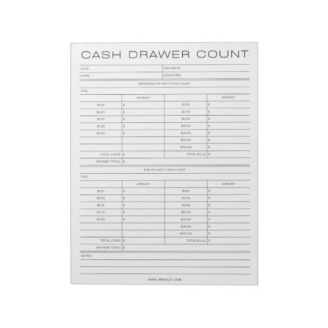 Daily Cash Register Drawer Count Sheet Notepad (Rotated)