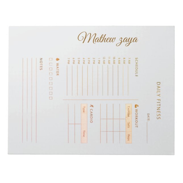 Daily Fitness planner wright grey background gold  Notepad (Front)