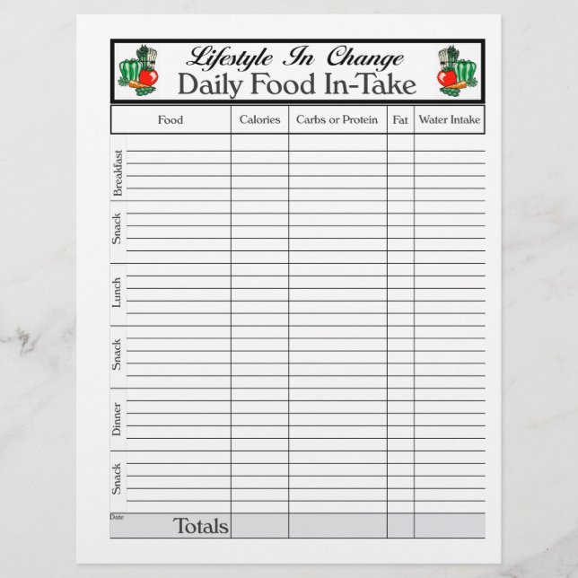Daily Food In-Take page, for Lifestyle Change Flyer (Front)
