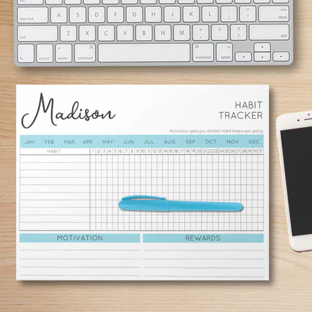 Daily Habit Tracker Motivational Blue Script Name Notepad | Zazzle