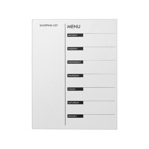 Daily Menu and Shopping List Notepad