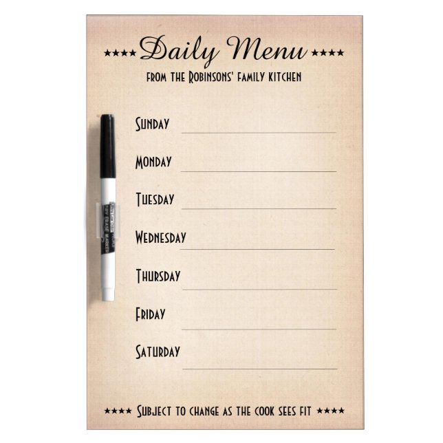 Daily Menu (customizable) Dry Erase Board (Front)