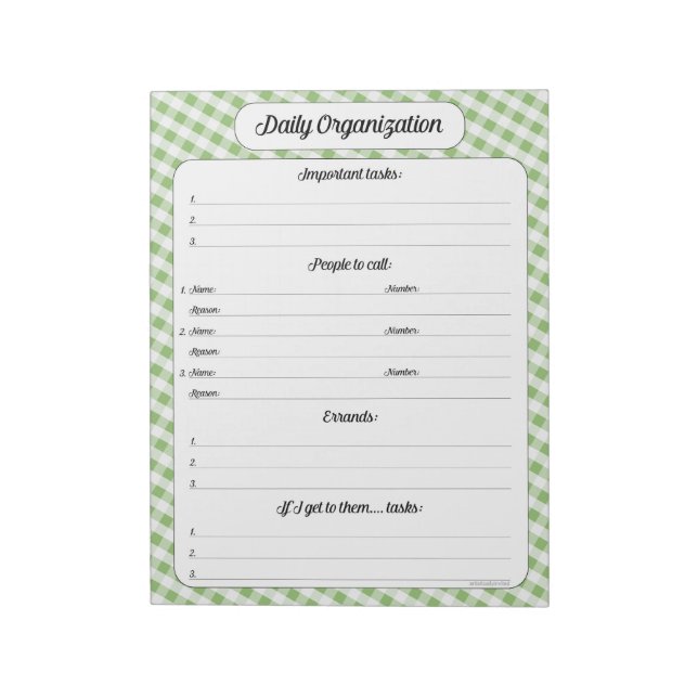 Daily Organization - Green Gingham Notepad (Rotated)