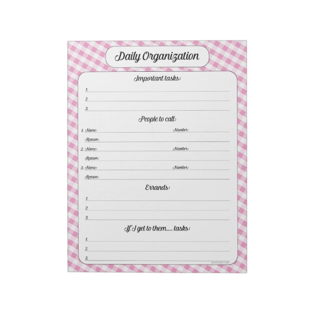 Daily Organization - Pink Gingham Notepad (Rotated)