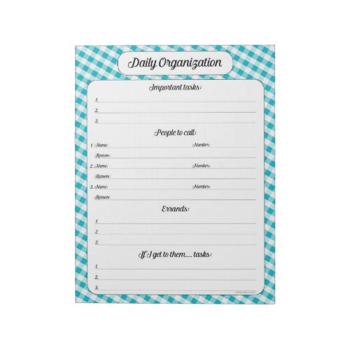Daily Organization _ Turquoise Gingham Notepad