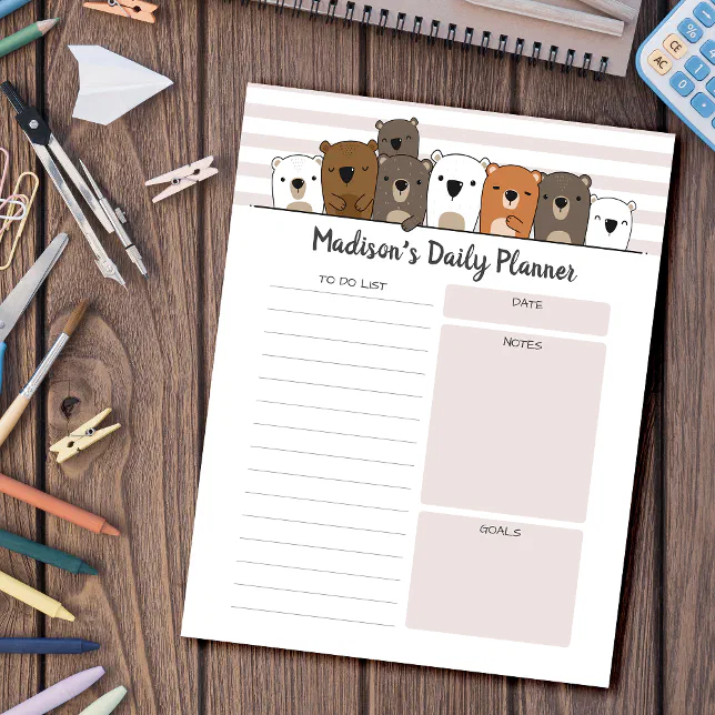 Daily Planner Cute Bears Personalized Notepad | Zazzle