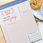 Daily Planner Goals Notes Reminders and Quote<br><div class="desc">Personalized Daily Planner in bright bold colors with sections for your schedule,  notes,  goals and reminders. It is lettered with a motivational quote .. "never stop .. you are amazing". This tear away notepad is printed on each page to last you for 40 days.</div>