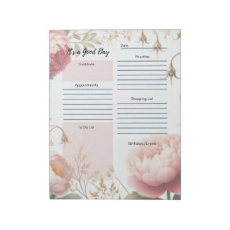 Daily Planner Peonies Floral Border Notepad