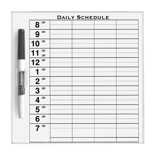 Daily Schedule 8am to 7pm Dry Erase Board (Front)