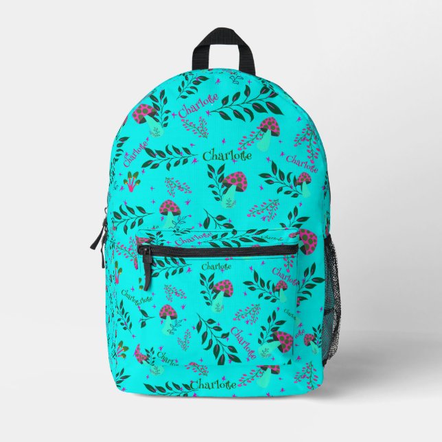 Daily School Aqua Green Personalized Name Mushroom Printed Backpack (Front)