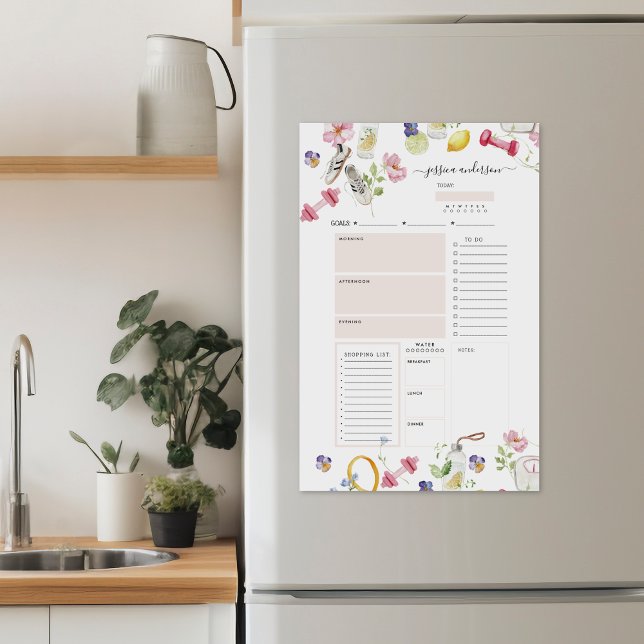 Daily Wellness Tracker Floral Fitness Monogram Magnetic Dry Erase Sheet (Creator Uploaded)