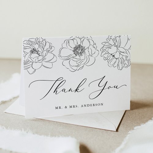 Dainty Black and White Floral Wedding Thank You Card