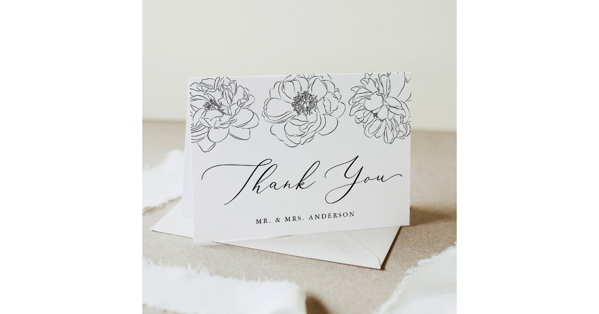 Dainty Black and White Floral Wedding Thank You Card | Zazzle
