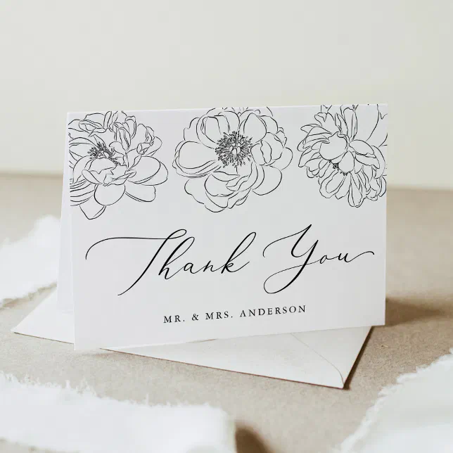 Dainty Black and White Floral Wedding Thank You Card | Zazzle