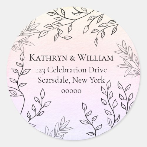 Dainty Black Floral on Pink Wedding Return Address Classic Round Sticker