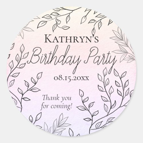 Dainty Black Floral Outlines Pink Birthday Party Classic Round Sticker