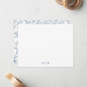 Dainty Blue Floral Monogram Couples Stationery Note Card