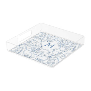 Dainty Blue Floral Monogram Wedding Gift Acrylic Tray