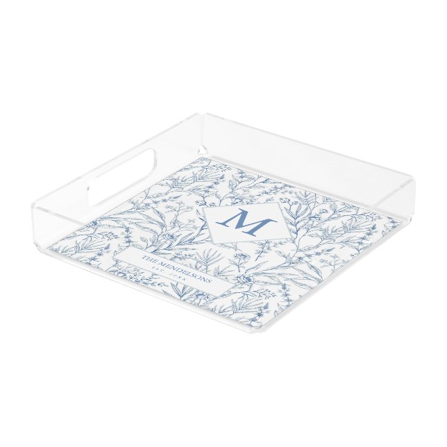 Dainty Blue Floral Monogram Wedding Gift Acrylic Tray (Angled)