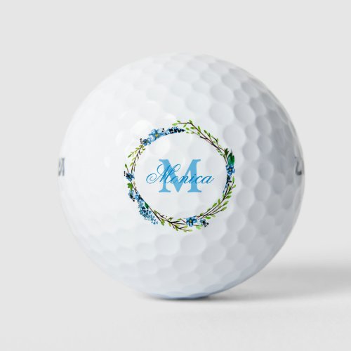 Dainty Blue Floral Wreath with Monogram   Golf Balls