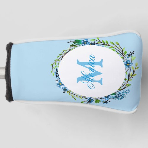 Dainty Blue Floral Wreath with Monogram  Golf Head Golf Head Cover