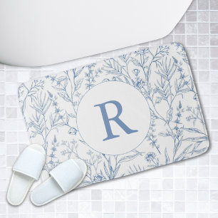 Dainty Blue & White Floral Monogram Bath Mat