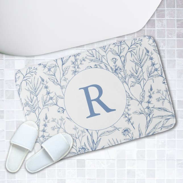 Dainty Blue & White Floral Monogram Bath Mat (Dainty Blue & White Floral Monogram Bath Mat
)