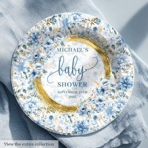 Dainty boho pastel blue flowers gold personalized paper plates