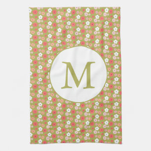 Dainty Boho Woodland Floral Pattern Green Monogram Kitchen Towel