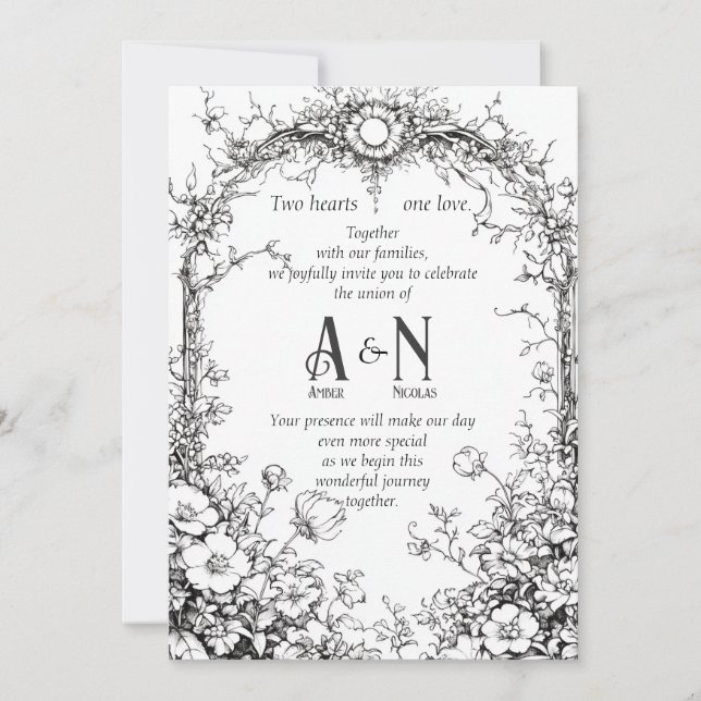 Dainty Botanical Rustic, Black & White Invitation (Front)