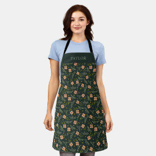 Dainty Ditsy Watercolor Floral Dark Green Pattern Apron