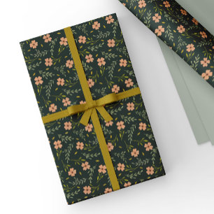 Dainty Ditsy Watercolor Floral Dark Green Pattern Wrapping Paper