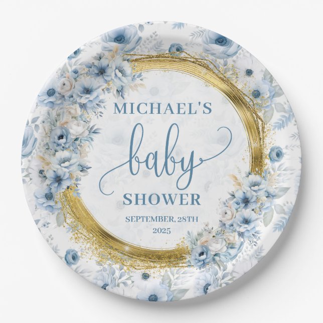 Dainty dusty blue watercolor flowers gold baby  paper plates (Front)