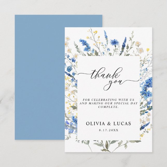 Dainty Dusty Blue Wild Floral Navy Rustic Wedding Thank You Card (Front/Back)