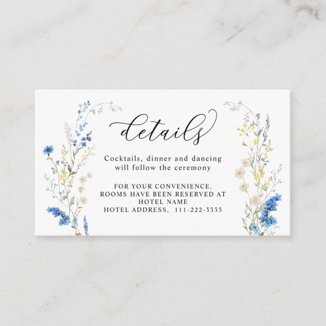 Dainty Dusty Blue Wild Flower Boho Wedding Details Enclosure Card (Front)