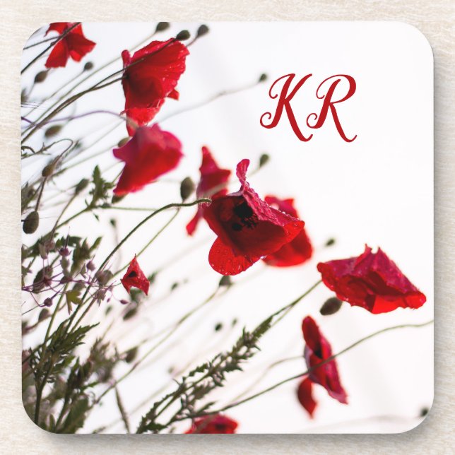 Dainty & Elegant Red Floral Flowers Monogrammed Beverage Coaster (Front)