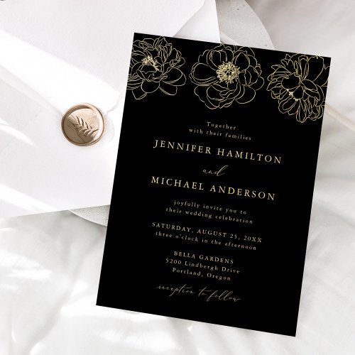 Dainty Floral Black and Gold Wedding Foil Invitation