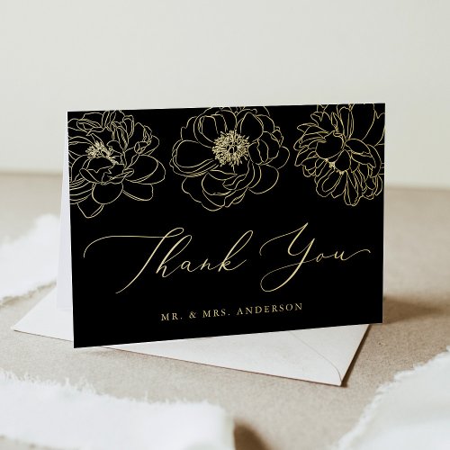 Dainty Floral Black and Gold Wedding Thank You Foil Greeting Card