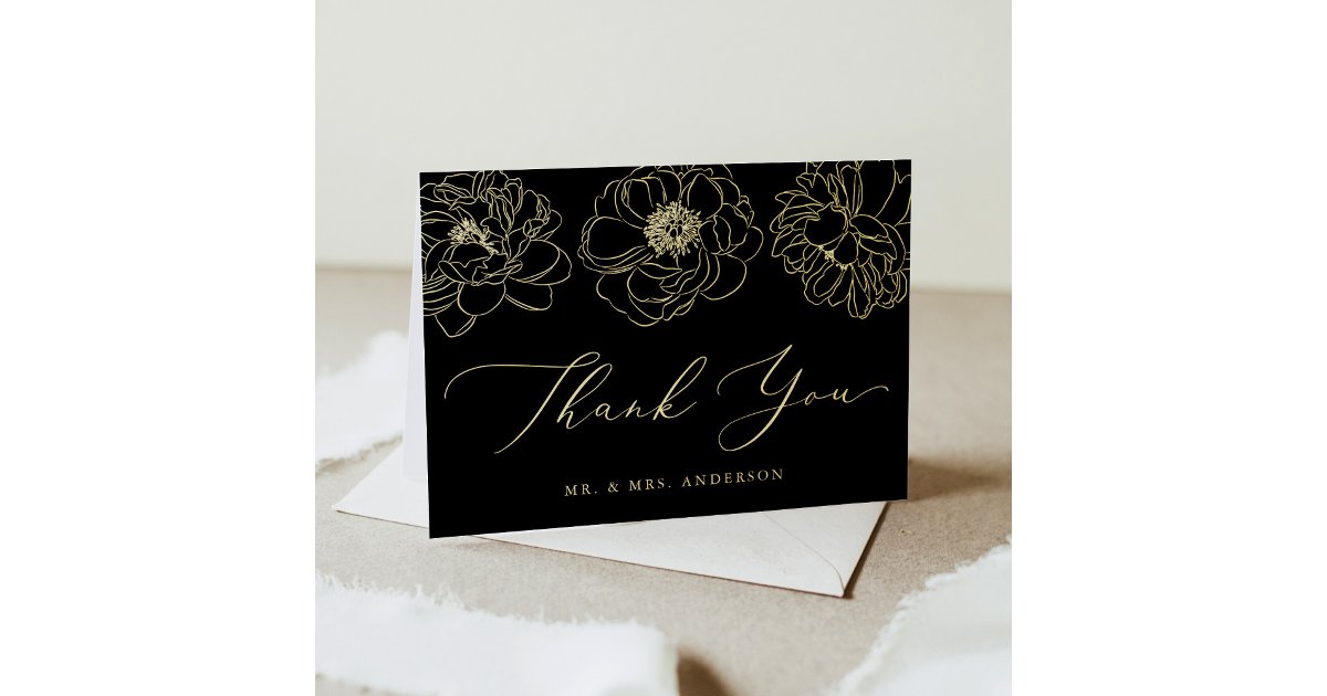 Dainty Floral Black and Gold Wedding Thank You Foil Greeting Card | Zazzle